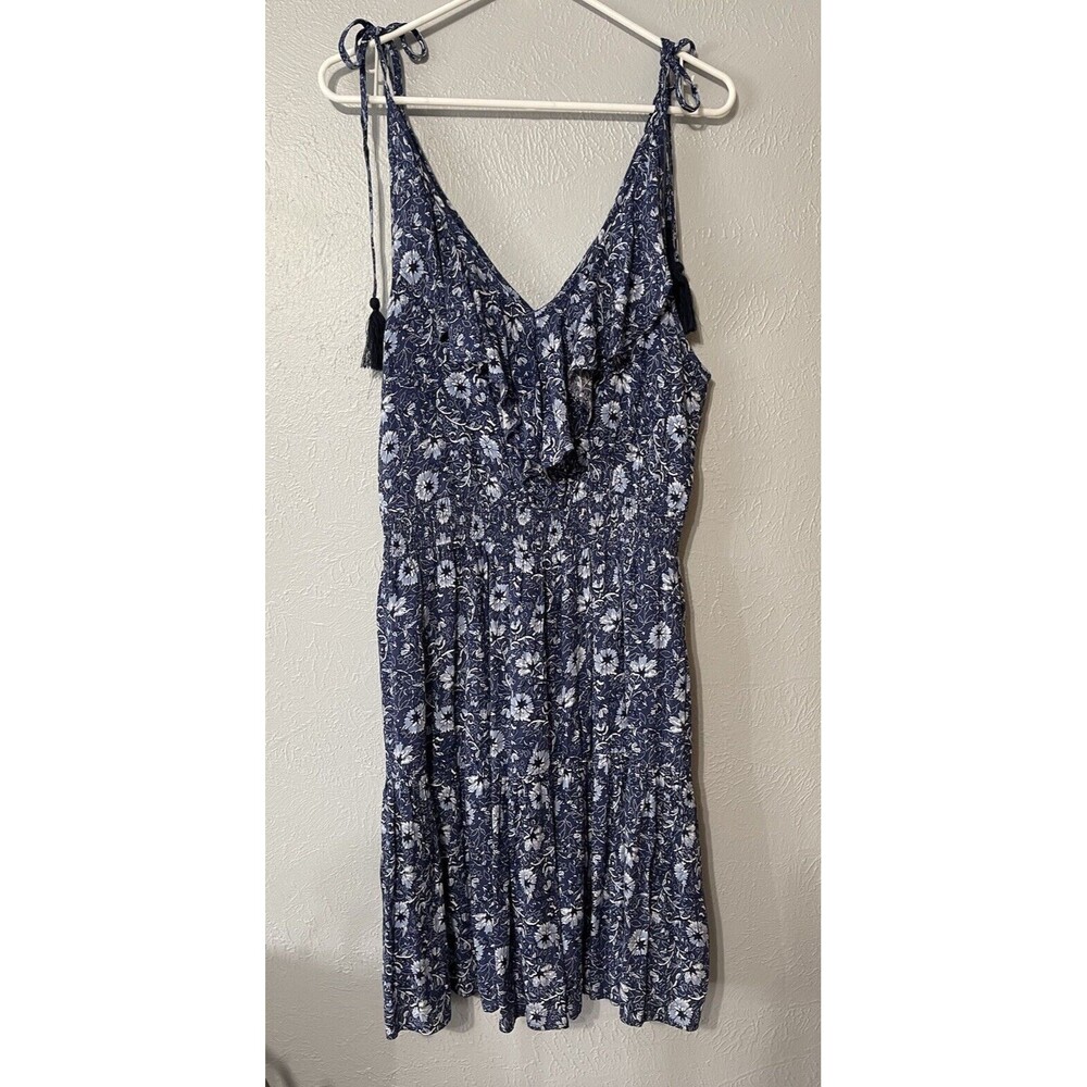 Miss Me Womens L Blue Floral Spaghetti Tie Straps Ruffles Knee Length Flowy